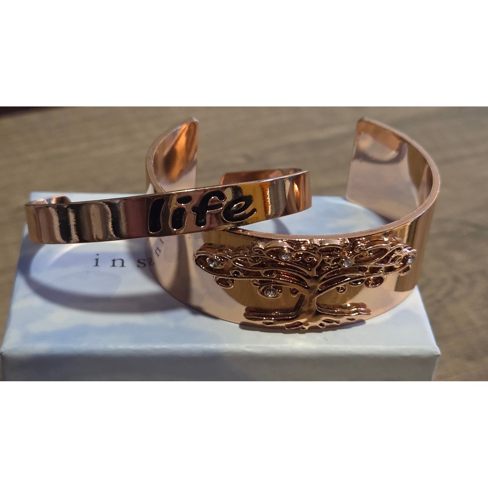 2 piece Rose Gold “Life” and “Tree of Life” with crystal accents Cuff Bracelets